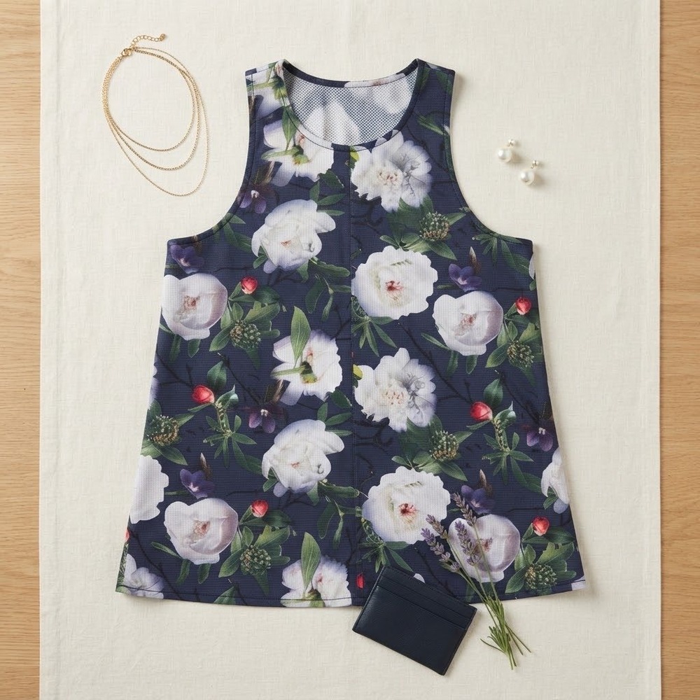 Oiselle Running Tank Women 4 Blue Floral Peony Racerback Athletic Mesh Top